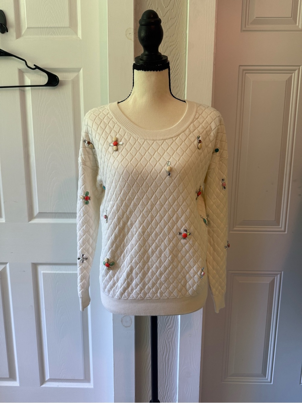 Gianni Bini Ivory Quilted Crewneck Sweater with Bead Accents